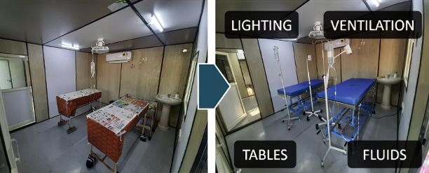 The inside of a clinic built into a shipping container.